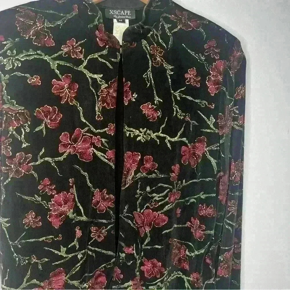 Xscape by Joanna Chen Floral Print Velvet Y2K Velvet Glittering Black Cardigan - Picture 3 of 6